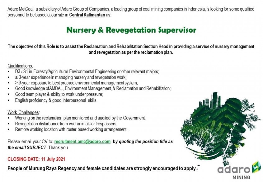 LOWONGAN PEKERJAAN NURSERY & REVEGETATION SUPERVISOR